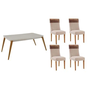 Imagem de Sala Jantar Mesa Havana Tampo c/ Vidro Curvo 120cm+4 Cadeiras Jaspe Madeira Naturale/Off White - Capuccino/Suede Creme - Rufato