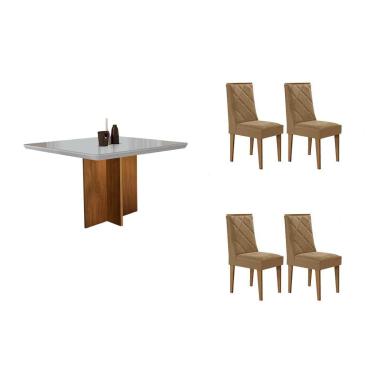 Imagem de Sala Jantar Mesa Berlim Tampo c/ Vidro Curvo 90cm+4 Cadeiras Pietá Madeira Naturale/Off White - Capuccino/Linho Bege - Rufato