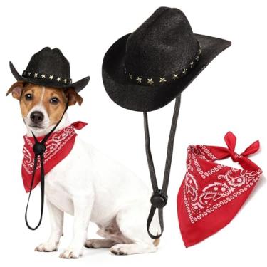 Imagem de Fantasia de cowboy para animais de estimação, chapéu de cowboy de Halloween com cachecol bandana para decoração de festa de Halloween (preto, médio)