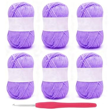 Imagem de Fio de algodão leiteiro de 5 camadas, 6 rolos de novelos de fio de algodão de leite macio com ganchos de crochê para boneca, suéter, chapéus, cachecol (roxo claro)
