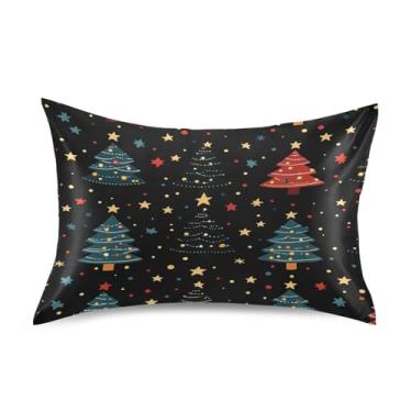 Imagem de Blueangle Fronha de cetim com desenho animado de árvores de Natal para cabelo e pele, fronha de seda, tamanho Queen (50,8 x 76,2 cm) - Capas de almofada de cetim refrescantes com fecho de envelope