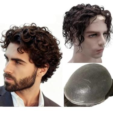Imagem de Peruca masculina Toupee para cabelo humano Sistema de substituição de cabelo ondulado espanhol de 10 mm em tamanho de base de 25 x 20 cm de comprimento Vloop 0,04 mm PU unidades de prótese de cabelo