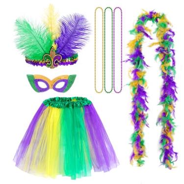 Imagem de hoyuwak Conjunto de fantasia para adultos e mulheres – 7 peças de acessórios de carnaval incluindo saia tutu, boá de penas, máscara de renda, faixa de cabeça e miçangas – artigos de festa de carnaval