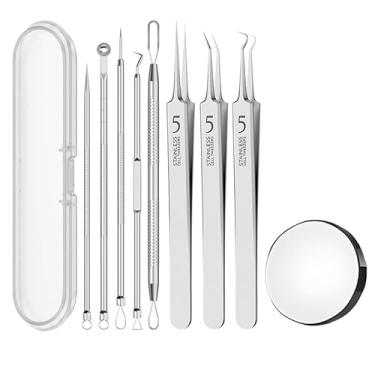 Imagem de Conjunto de 8 ferramentas de remoção de cravos e acne de grau profissional/inclui 3 tipos de pinças curvas/retas/anguladas + 5 tipos de agulhas multifuncionais para acne com estojo