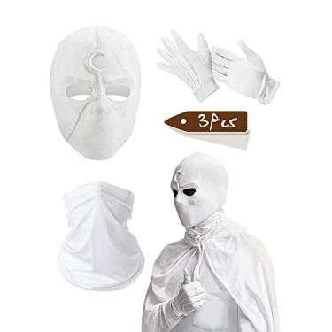 Imagem de KESOCORAY Conjunto de 3 peças de máscara de lua, capacete de látex, luvas brancas, máscara de pescoço, capacete, cosplay, fantasia de Halloween, adereço de baile de máscaras
