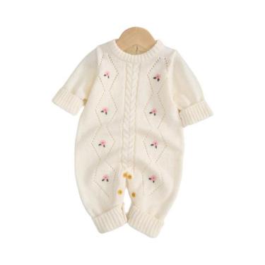 Imagem de Macacão De Bebê Bordado Floral De Manga Longa Em Tricô Quente E Confor
