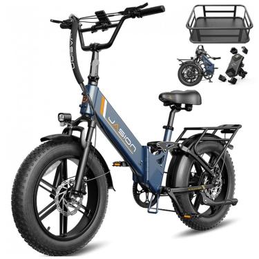 Imagem de Bicicleta elétrica dobrável Jasion EB7 2.0 azul com cesto traseiro pneus 20x4 motor 750...