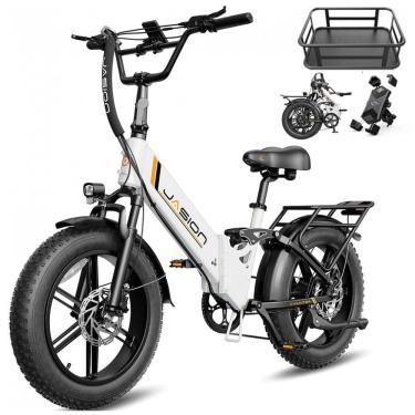Imagem de Bicicleta elétrica dobrável Jasion X-Hunter ST branca com cesto traseiro pneus 20x4 mot...