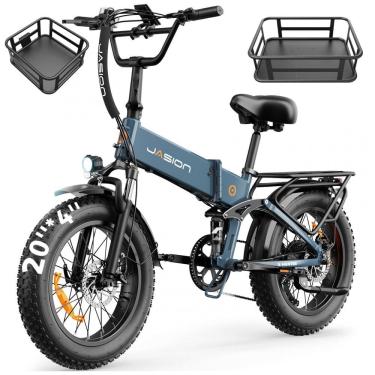 Imagem de Bicicleta elétrica dobrável Jasion X Hunter azul com cestos motor 750W pico 1400W pneus...