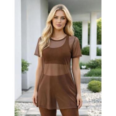 Imagem de Blusa de Academia Tule com Manga Curta e Sobreposição Fitness Safira -