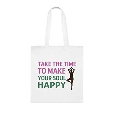Imagem de Take The Time To Make Your Soul Happy Sacola, Sacola Engraçada, Bolsa de Ombro, Sacolas Reutilizáveis, Cesta de Aniversário de Natal, Branco