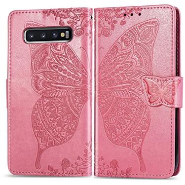 Imagem de CHAJIJIAO Capa flip capa carteira para Samsung Galaxy S10 Plus, capa de telefone carteira flip bumper à prova de choque / alça de pulso/coldre floral padrão borboleta capa carteira para telefone (cor: rosa)