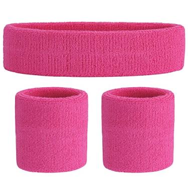 Imagem de ONUPGO Conjunto de faixas de transpiração rosa (3 peças) Bandanas de algodão para homens, mulheres, meninas, meninos e jovens, faixas de cabeça atléticas adequadas para esportes, corrida, ioga, basquete, futebol, ciclismo, academia