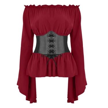 Imagem de Ehoomely Halloween Women Renaissance Blouse Tops with Corset Waist Belt Medieval Victorian Off Shoulder Top Pirate Costume (Red, Large)