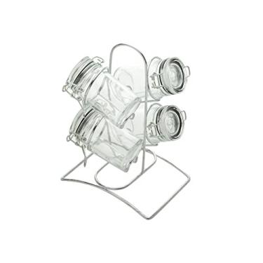 Imagem de Conjunto 4 Potes para Temperos de Vidro com Tampa Hermética e Suporte de Metal Cromado 65ml - Lyor
