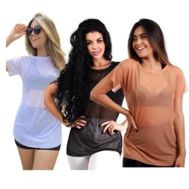Imagem de Kit 3 Blusas Tule Academia Fitness Feminina Tela Transparente Camiseta