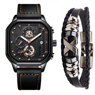 Imagem de Kit Relógio Poedagar Masculino Cronógrafo Casual Luxo  + Pulseira
