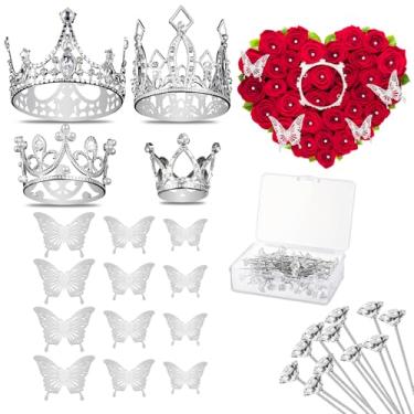 Imagem de Coroas prateadas para buquês de flores e acessórios para buquês de flores, incluindo 4 coroas douradas para buquês de flores, 12 peças de decorações de borboleta e 50 peças de alfinetes de diamante