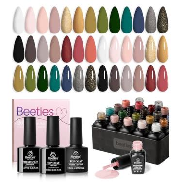 Imagem de Beetles Kit de esmalte de gel de outono com base superior, marrom nude neutro, rosa, cinza, verde, branco, preto, conjunto de esmalte de gel com purpurina de imersão UV LED arte de unhas presente de