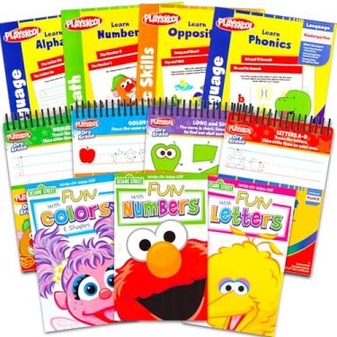 Imagem de Playskool Kindergarten Pre K Learning Study Conjunto de atividades em massa - Pacote de quadro apagável a seco para livro de exercícios | alfabeto, números, matemática, contagem, mais | Sesame Street