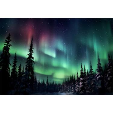 Imagem de AOFOTO Cenário de luz ártica de 2,1 x 1,5 m, luzes do céu do norte, montanha, pinheiro, floresta, fundo da Noruega, paisagem de inverno, estrelas estreladas, amantes da noite, viagem, aniversário,