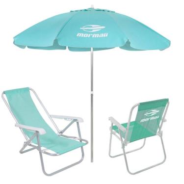 Imagem de Kit 2 Cadeiras Alta e Reclinável Alumínio + Guarda Sol Bagum 2,4m Verde Mormaii - Belfix