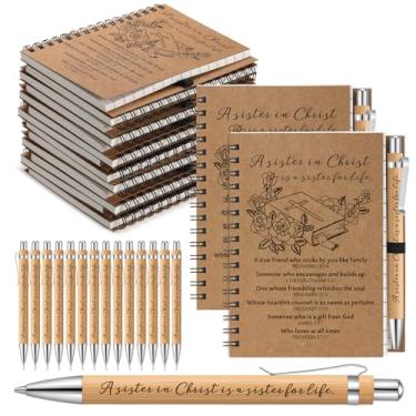 Imagem de Fullhawl Conjunto de 16 cadernos e canetas para irmãs cristãs, presentes, irmãs em Cristo, espirais cristãs, versículo bíblico, cadernos retráteis, canetas de bambu para mulheres, amigas, igreja