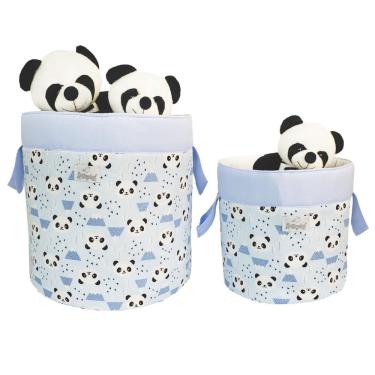Imagem de Kit Cesto Organizador De Brinquedos 2 Peças Panda Azul