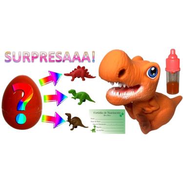 Imagem de Brinquedo Boneco Dinossauro World Dino Tiranossauro Bebê Baby - Laranja - Acompanha Ovo Surpresa Mamadeira Mágica E Certidão De Nascimento - Equipe Ju