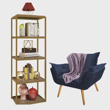 Imagem de Kit Poltrona Fatte com Manta Soft Lilás e Estante Livreiro Ferro Dourado mdf Castanho Suede Azul Marinho - Ahz Móveis
