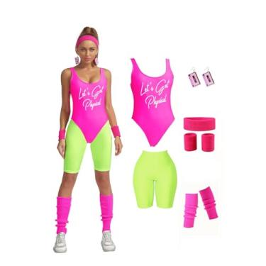 Imagem de MIAIULIA Conjunto de acessórios femininos dos anos 80, conjunto de acessórios collant neon legging faixa de cabeça conjunto de pulseiras, Lets Get Physical Short Pink, G