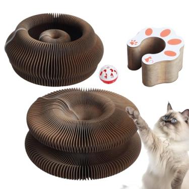 Imagem de 2 peças de arranhador fofo de órgão mágico, dobrável, engraçado, para gatos de papelão, resistente com bola de sino para gatos em ambientes internos, brinquedos sanfonados para arranhar