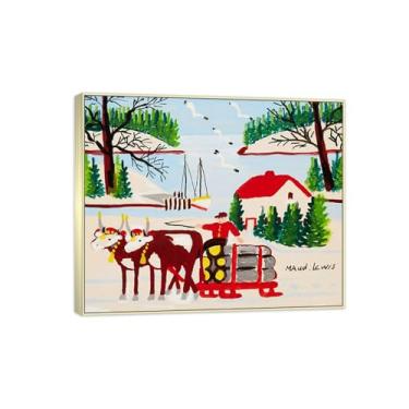 Imagem de Maud Lewis Famosa Pintura-Impressões em Tela Reprodução-Quadro Sala de Estar(Oxen Hauling Logs in Winter) 70x85cm-27x33in Moldura de Prata
