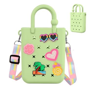 Imagem de Oudizz Mini bolsa de borracha, bolsa de praia de silicone para meninas e mulheres, linda bolsa com 20 pingentes e alça de ombro ajustável, Verde maçã, 4.92 x 1.77 x 6.29 inches