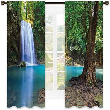 Imagem de Cortina de isolamento térmico florestal, cachoeira selva plantas tropicais, árvores atração turística, cerimônia de casamento, decoração de janela de casa, L130 x C 198 cm, azul turquesa