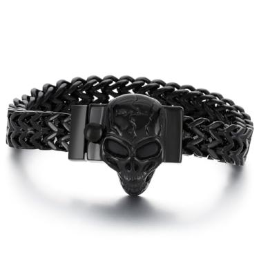 Imagem de Klapgo Pulseira masculina de corrente de elos de caveira gótica - pulseira punk rock de aço inoxidável para homens, joias góticas, presentes exclusivos para homens, pulseiras de caveira ajustáveis