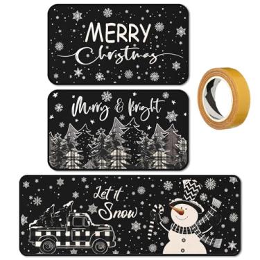 Imagem de SATINIOR Conjunto de 3 peças de tapetes e tapetes de cozinha de fazenda, antiderrapante, lavável, rústico, tema de café, para casa, bar, escritório, banheiro, porta, festa, decoração (homem de neve)