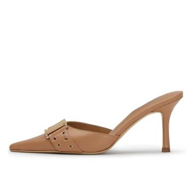 Imagem de DOEYG Salto gatinho preto feminino bico fino elegante salto vintage mules sexy pontudo cravejado stiletto slingback sapatos com fivela, Bronzeado, 40