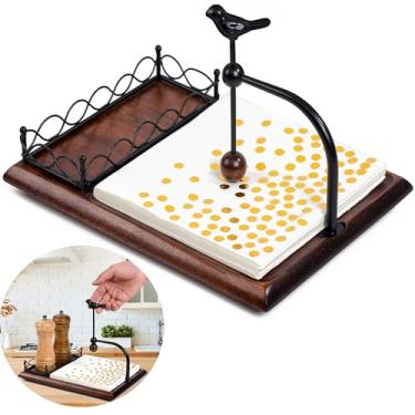 Imagem de JMBTLUS Porta-guardanapos de madeira com 20 folhas de guardanapos de papel de folha dourada, guardanapo vintage de dupla finalidade e suporte de pote de especiarias para mesa, decoração de mesa de