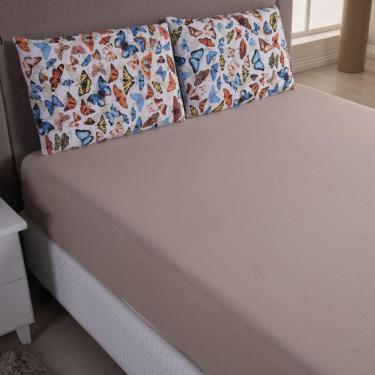 Imagem de Jogo De Lençol Casal Malha 100% Algodão Com Elástico 3 Peças Bege Estampa Borboleta