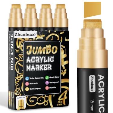 Imagem de Zhenbuco 4 marcadores permanentes jumbo dourados – caneta de tinta acrílica grossa com ponta de 15 mm de largura, marcadores grandes de tinta acrílica para pintura rupestre, caligrafia, pôster, tela