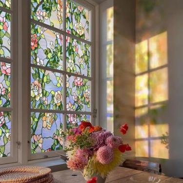 Imagem de Película de janela de vitral 3D, película decorativa de privacidade para banheiro, porta da frente, casa, controle de calor com bloqueio solar, fixação estática, rosa besta 90 x 199 cm