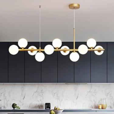 Imagem de Lustre De Globos De Vidro Moderno Mid Century Metal Pendurado Luz De Teto Dourada Globo Abajur Altura Ajustável Luminária Pingente Para Ilha De Cozinha Sala De Estar Quarto, Black, 11-Light