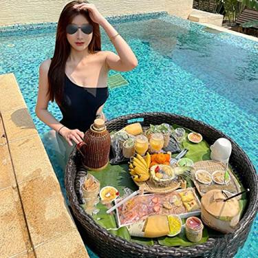 Imagem de Bandejas de servir flutuantes barra de mesa - flutuadores de piscina para adultos para barras de areia spas banho e festas | Bandeja flutuante para servir na piscina, bebidas, brunch em preto - redondo