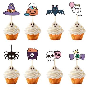 Imagem de Arthsdite 24 peças de topos de cupcake de Halloween morcego Little Boo aranha picaretas de cupcake chapéu de bruxa fantasma assustador doces esqueleto decorações de bolo para Halloween tema crianças