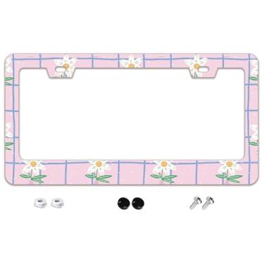 Imagem de Linda moldura para placa de licença floral de aço inoxidável metal acessórios para carro decoração com parafusos moldura de placa de carro 2 furos 16 cm x 31 cm para presente feminino