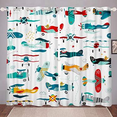 Imagem de Feelyou Cortinas para decoração de desenho animado infantil, cortinas de aeronaves para quarto, sala de estar, para crianças, meninos, meninas, impressão de avião, cortinas para janelas, helicóptero