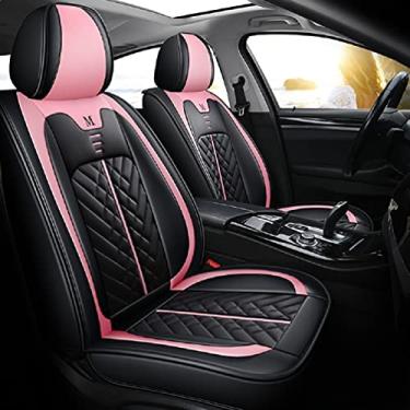 Imagem de Capas de assento de carro de gato de desenho animado de luxo couro PU universal auto protetor de assento dianteiro e traseiro Sedan SUV 5 assentos conjunto completo ajuste universal (preto-rosa)