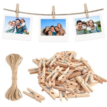 Imagem de XDW-GIFTS Prendedores de roupa, 50 peças de clipes de fotos de madeira com corda de juta, alfinetes de roupas de 7 cm para artesanato decorativo