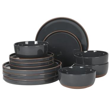 Imagem de Gibson Elite Conjunto de louça de grés Northrock, serviço de 16 peças para 4 pratos e tigelas – Pratos azul-carvão com base de terracota pintada à mão